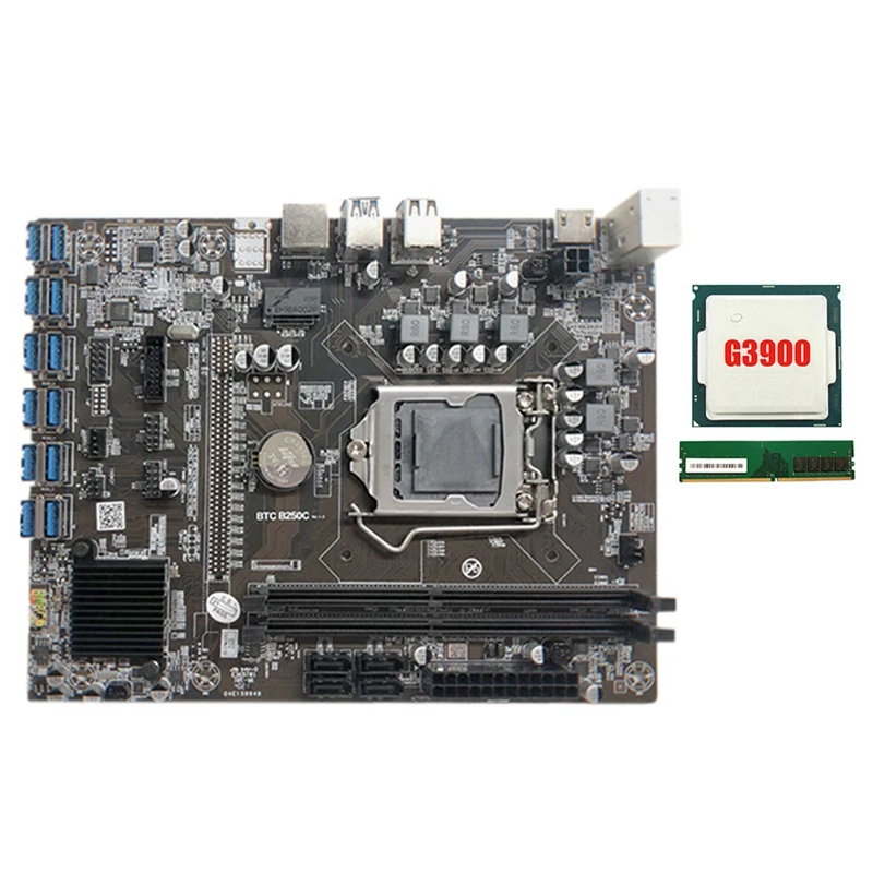 

B250C Mining Motherboard with G3920 CPU+1XDDR4 8G 2666Mhz RAM 12XPCIE to USB3.0 Card Slot Board for BTC