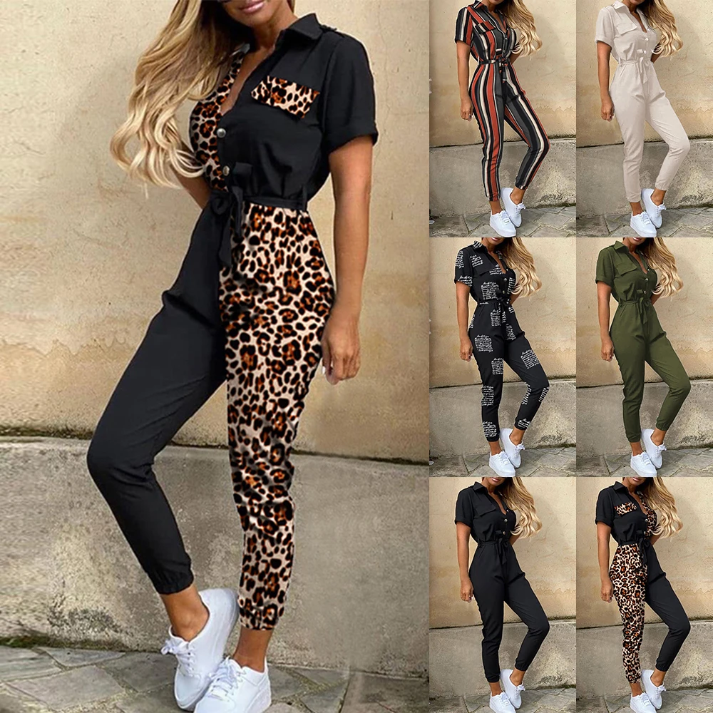Женский комбинезон с леопардовым принтом Летний глубоким v образным вырезом