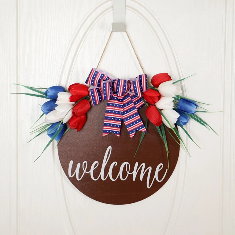 

Tulip Wreath Welcome Sign for Front Porch - Rustic Wooden Door Hanging Farmhouse Front Door Decorations for Home