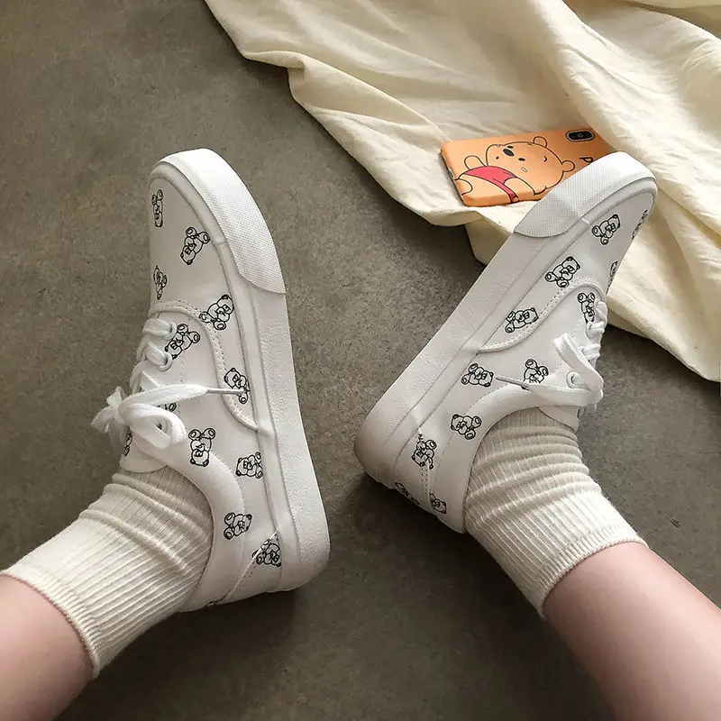 

QWEEK Sneakers Women 2021 Kawaii Bear Platform White Sports Shoes Flat Korean Trainers Casual Running Spring Basket Autumn