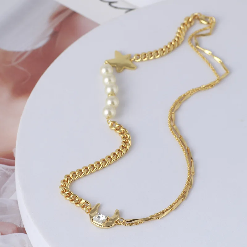

Women rose gold chain necklace with artificial pearl joint moon and star choker