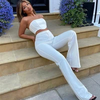hirigin strapless corset crop top and flare pants sets solid high waist women sexy outfit elegant casual legging 2 piece set