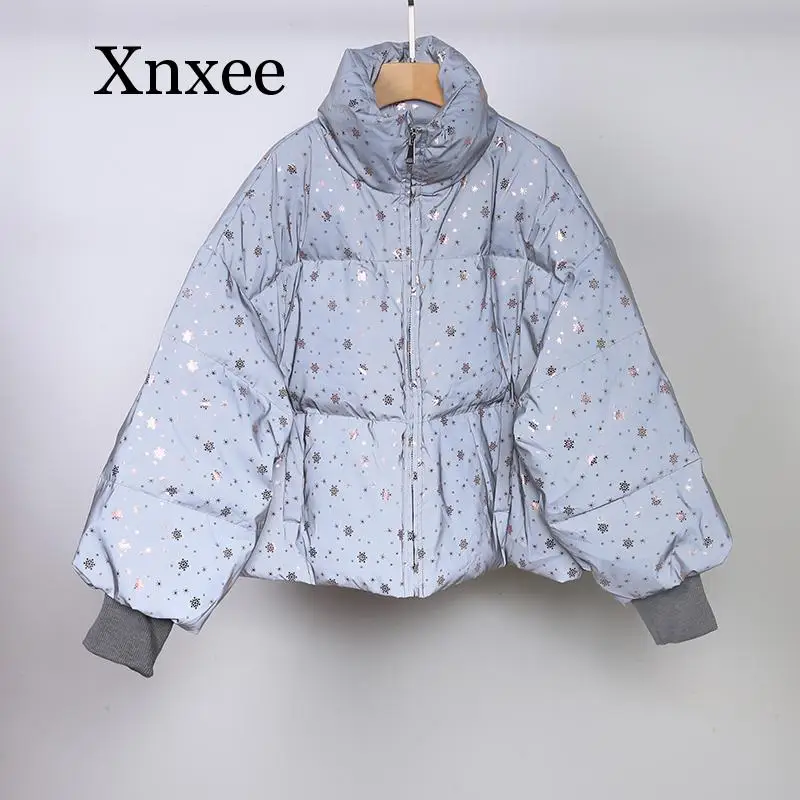 Winter Women Streetwear Down Parka Oversize Reflective Jacket Short Warm Women Coat Snowflake Sequin Parka Cotton Padded Jacket