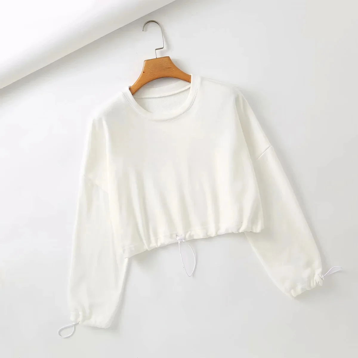 

New Brand Women 2021 Fashion Cropped Pullover Sweatshirts Vintage Adjustable Drawstring Female Chic Tops Long Sleeve T-shirt