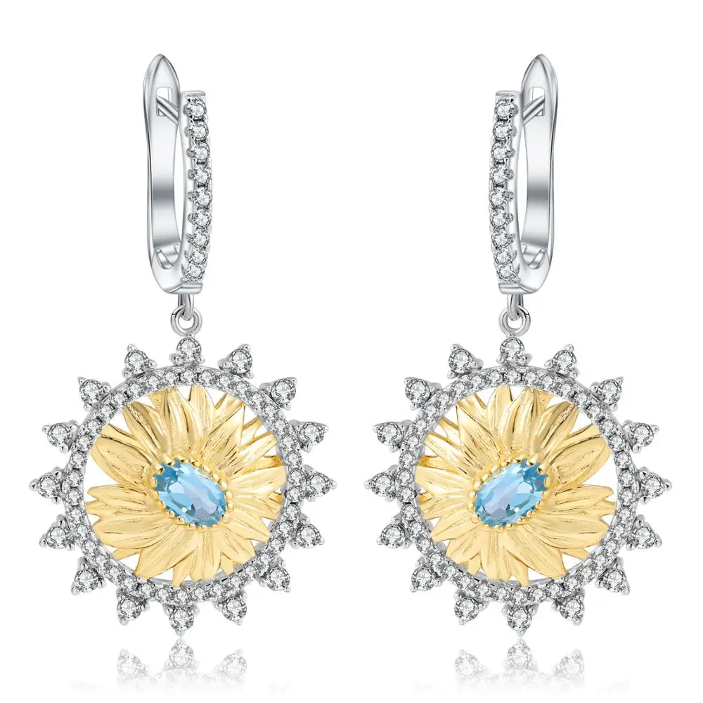 

GEM'S BALLET 925 Sterling Silver Classic Earrings 1.20Ct Natural Swiss Blue Topaz Sunflower Drop Earrings for Women Fine Jewelry