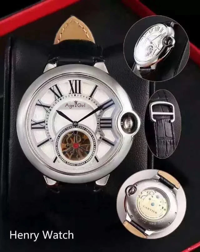

Luxury Brand New Men Watch Silver Blue Sapphire Automatic Mechanical Rome Dial Stainless Steel Black Leather Tourbillion