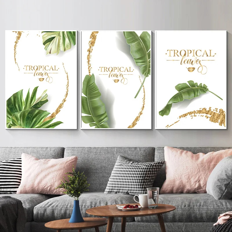 

Green Leaf Monstera Plant Living Room Bedroom Golden Letter Nordic Style Small Fresh Decorative Canvas Painting Core Poster
