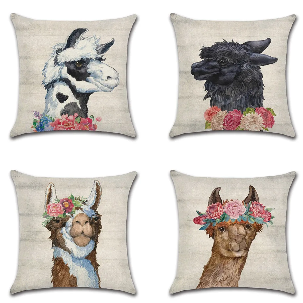 

3D Animal Pillow Case Cute Alpaca Waist Cushion Cover 45*45cm Linen Wreath Pattern Car Sofa Pillowcase Home Decor Hot Selling