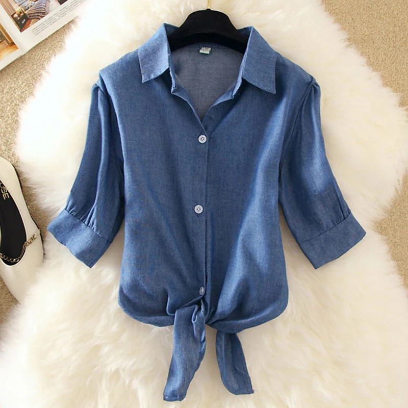 Женская синяя блузка с коротким рукавом Повседневная Свободная рубашка для