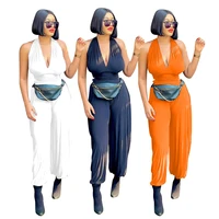 woman summer off shoulder jumpsuit new casual loose white color sleeveless v neck backless top strapping jumpsuit