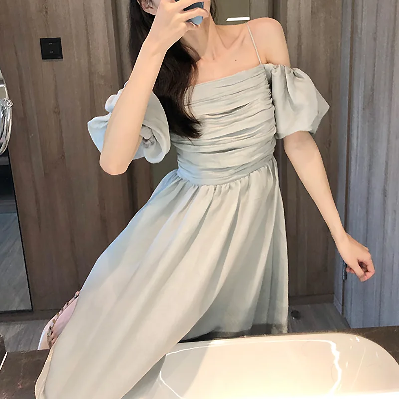 2020 Summer New Light Luxury Women's Mint Flower Sleeve Dress High Waist Pleated Mid-length Midi Fashion Trend | Женская одежда
