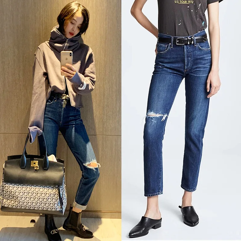 

2021 Fashion Popular Jeans Star The Same Women's Hole Deep Blue Jeans High Waist Capris