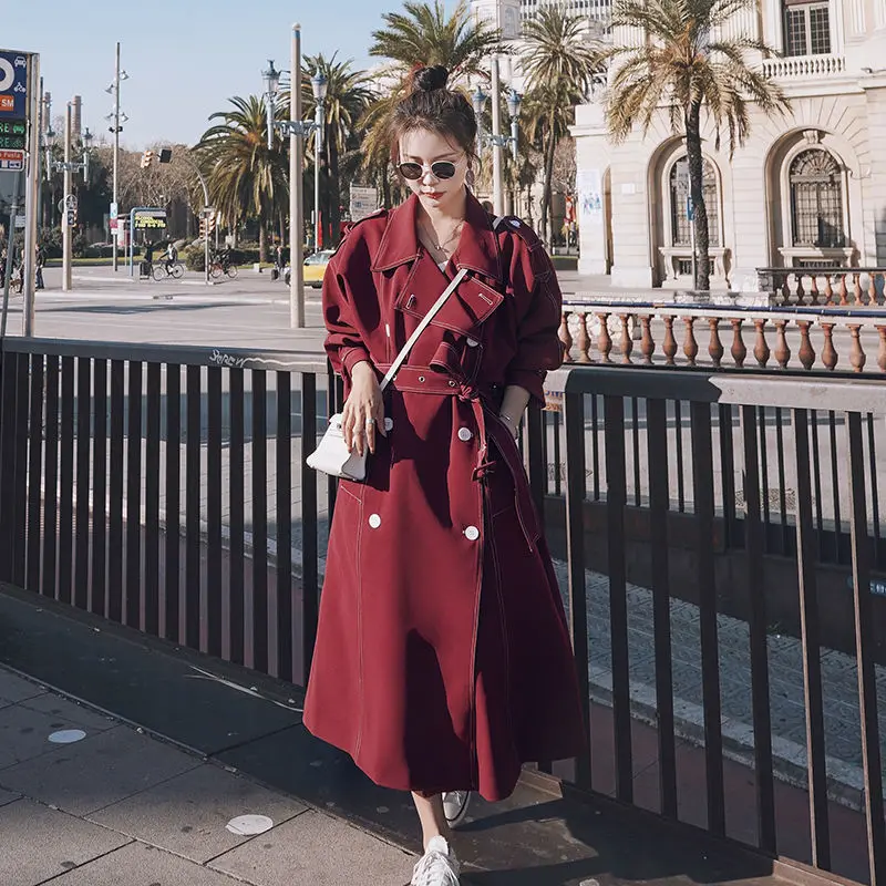 

Women 2020 Autumn New Solid Color Windbreaker Female Lapel Double Breasted Sashes Outwears Ladies Loose Ladies Trench Coat Q117
