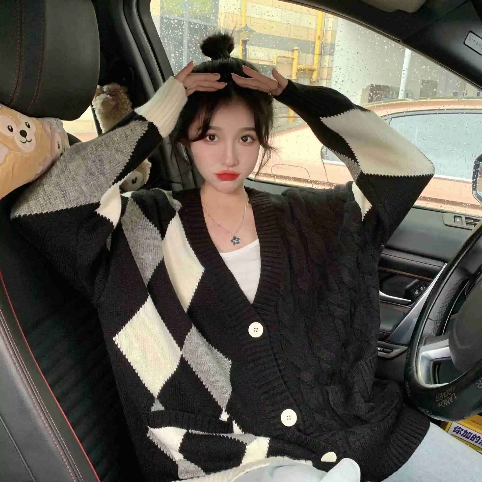 Женский вязаный кардиган с длинным рукавом черный свободный свитер-пальто на