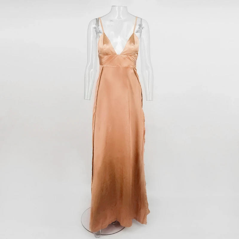 DRESSMECB, новое модное летнее платье, женское сексуальное вечернее платье с глубоким v-образным вырезом и высоким разрезом, элегантное платье на бретельках Vestidos - Цвет: Champe