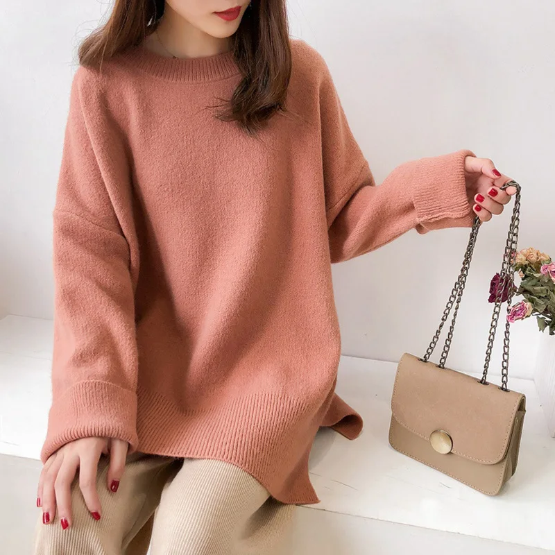 

O-Neck Women's Sweater Losse Pullover Jumpers Candy Color Sweaters Knitted Long Sleeve Sweater Female Casual Solid 2021 One Size