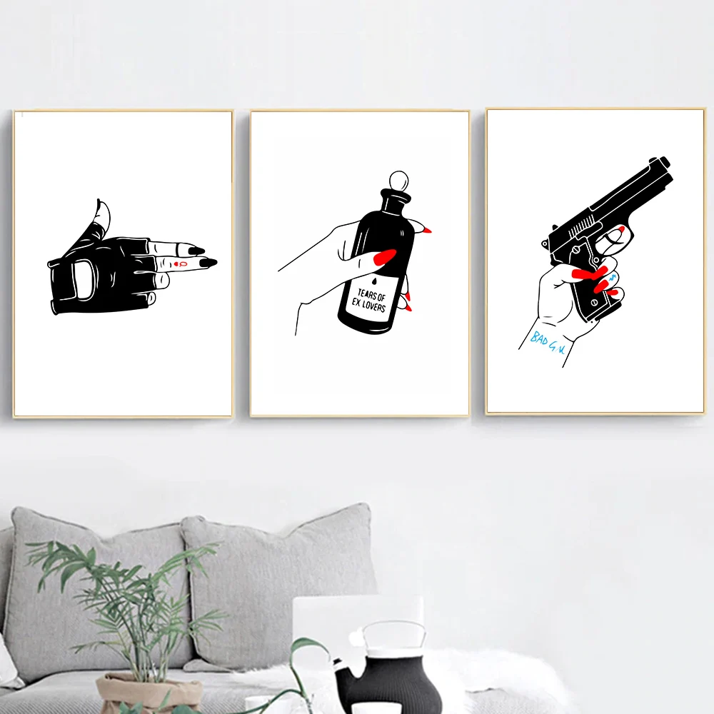 Ручной пистолет бутылка слезы абстрактная живопись Черно-Белая настенная