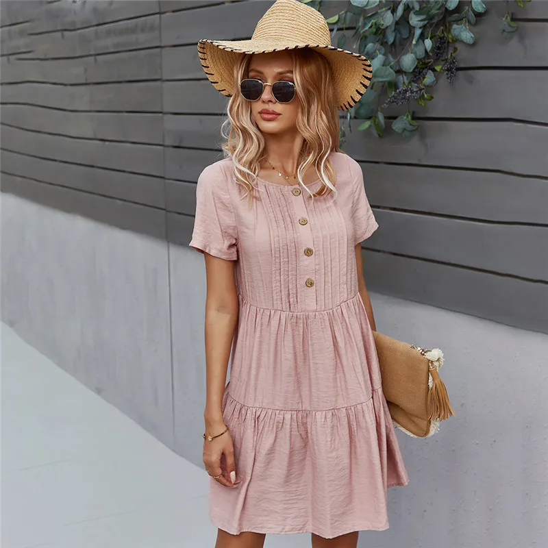 

Spring New Solid Short Dress Women 2021 Casual O Neck Button Summer Dress Ladies Loose Short Sleeve A Line Dresses