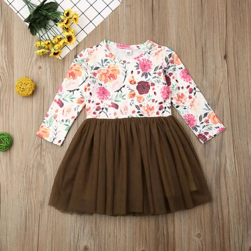 Pudcoco Autumn Toddler Baby Girls Kid Long Sleeve Christmas Floral Print Short Dress Tulle Skirt Dresses Outfit | Детская одежда и
