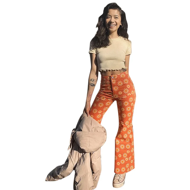 

Новинка весна-лето 2021, стильные небольшие повседневные женские брюки с принтом в виде хризантемы, подтягивающие бедра