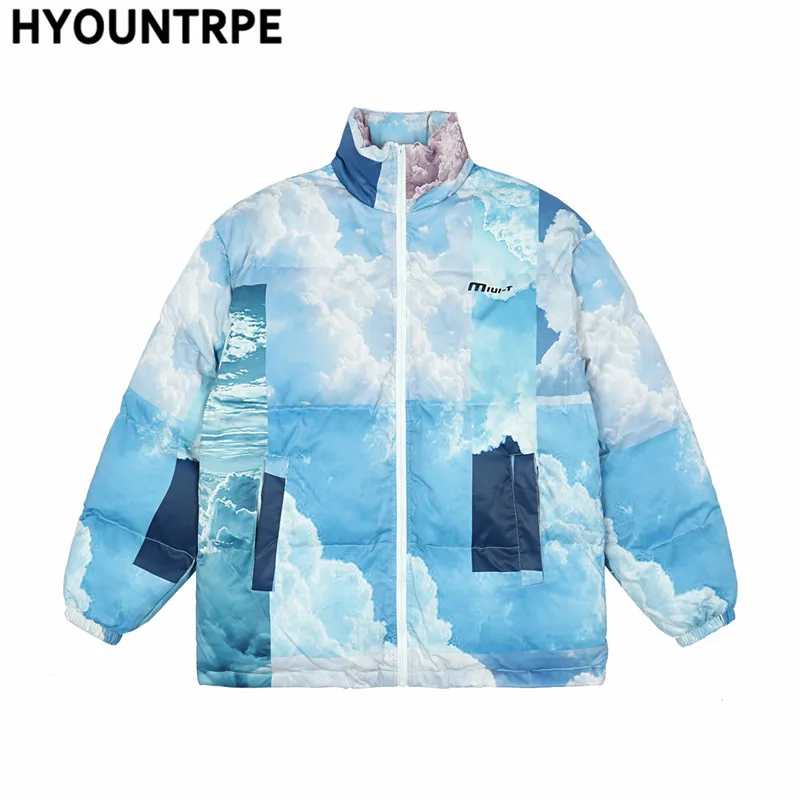 Fashion Harajuku Sky Clouds Jackets and Coats Mens Casual Bomber Cotton Padded New Winter Parkas Warm Zipper Outerwear Hipster