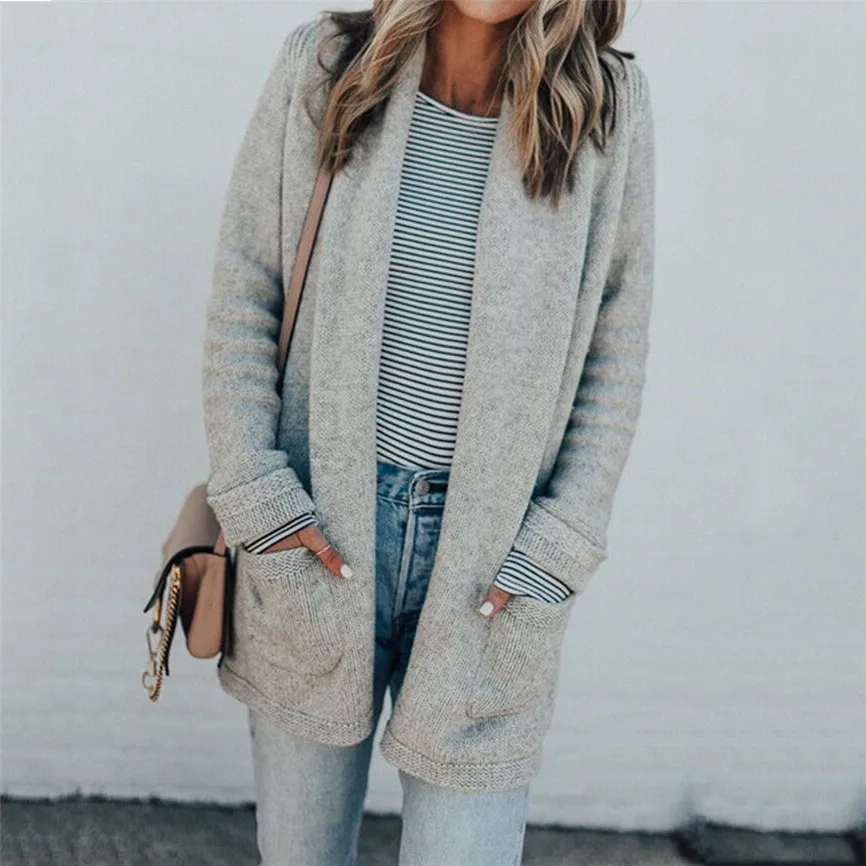 Женский кардиган осень 2019 свитер Повседневный длинный рукав карман Однотонный