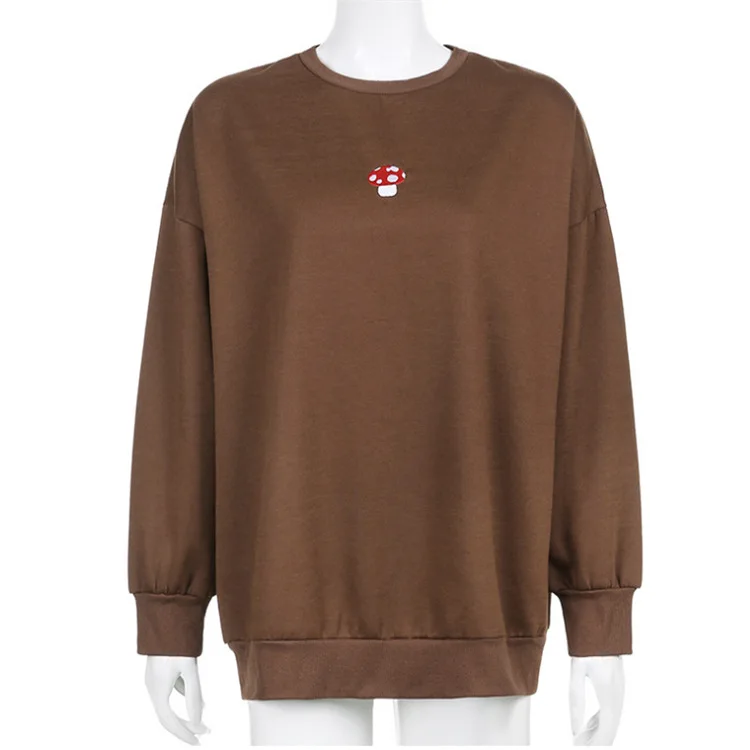 

Women Sweatshirts Y2K Aesthetics Embroidery Mushroom Oversized Sweatshirts 90s Fashion Brown Graphic Crewneck Tops Streetwear