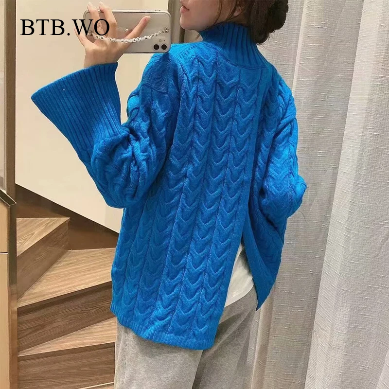 

BTB.WO Za Turtleneck Sweaters Women Casual Stripe Knit Jumpr Tops Batwing Long Sleeve Loose Lady Female Pullovers Chic Tops