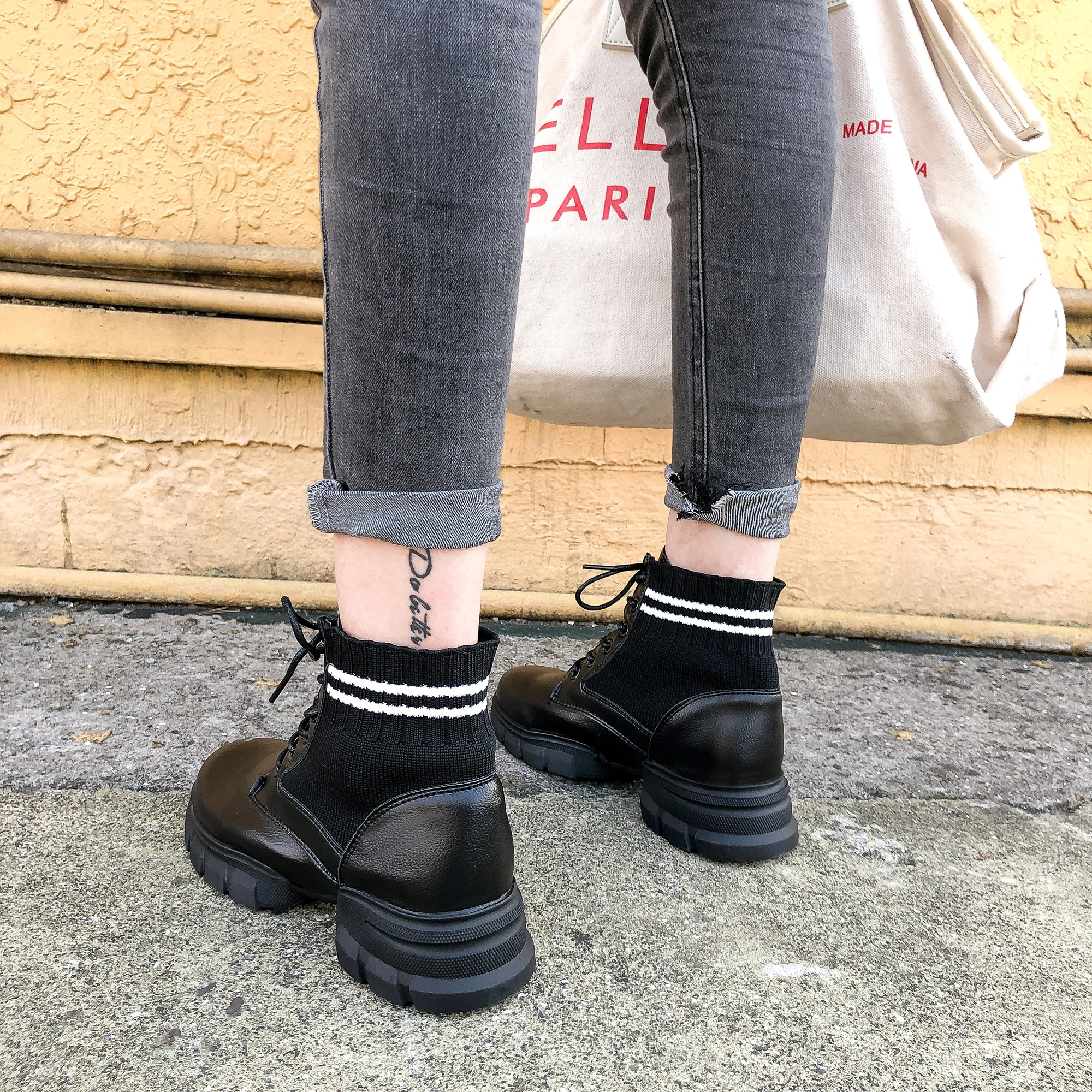 2019 new fashion casual female Martin boots knit comfortable breathable lace women's thick with tube shoes | Обувь