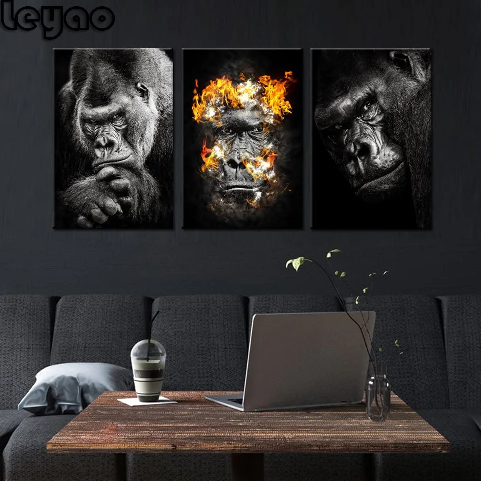 

gorilla black and white animal Diamond Painting Full Drill Square 5D Diamond Embroidery 3 pieces Picture Diamond Mosaic Gift