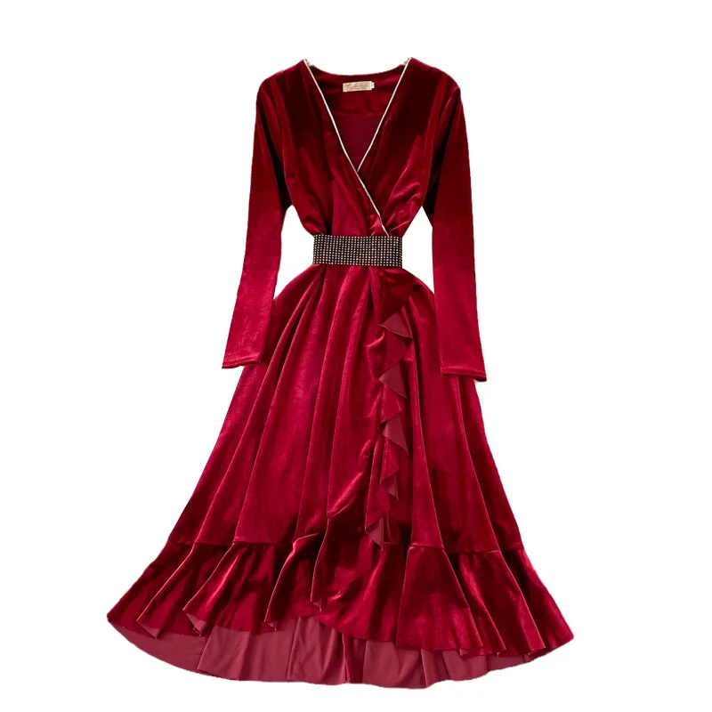 

2021 autumn and winter V-neck velvet dress long sleeve lady Celebrity slim waist, slim fit, Hip Wrap, fishtail long dress