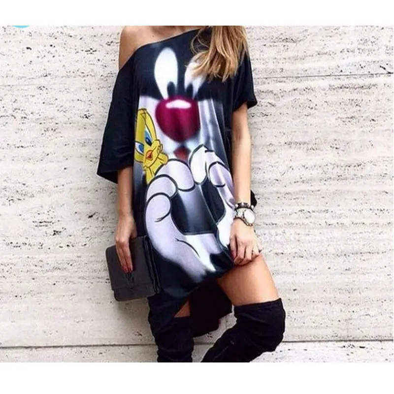 

2019 Hirigin женские Макси-платья с рисунком из мультфильма, повседневные свободные платья с круглым вырезом, Украина, Vestido Mujer, мини-платье, больш...