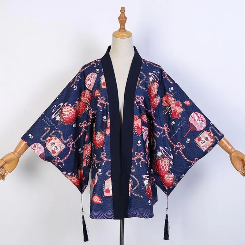 Long Haori Blue Японский стиль кимоно куртка Красный милый клубника длинное пальто Haori - Цвет: Long Haori Blue