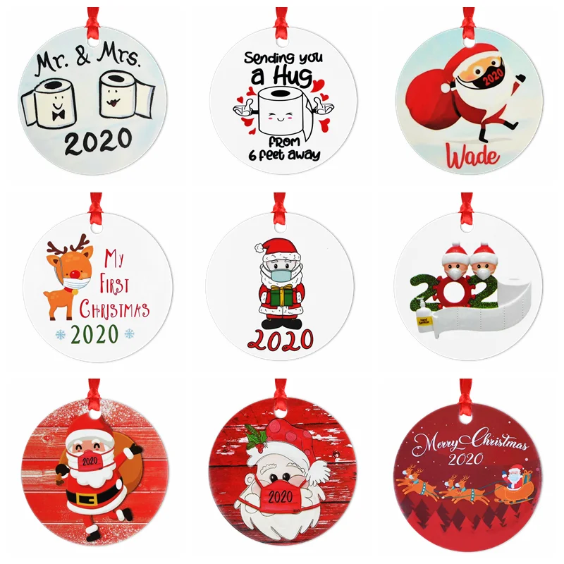 

2020 Quarantine Christmas Hanging Pendant Round Santa Snowman Deer Pattern Ornament Merry Christmas New Year Party Decoration 75