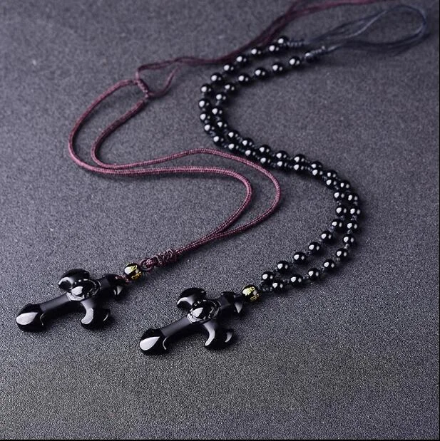 Прямая поставка натуральный черный обсидиан резной крест счастливый кулон