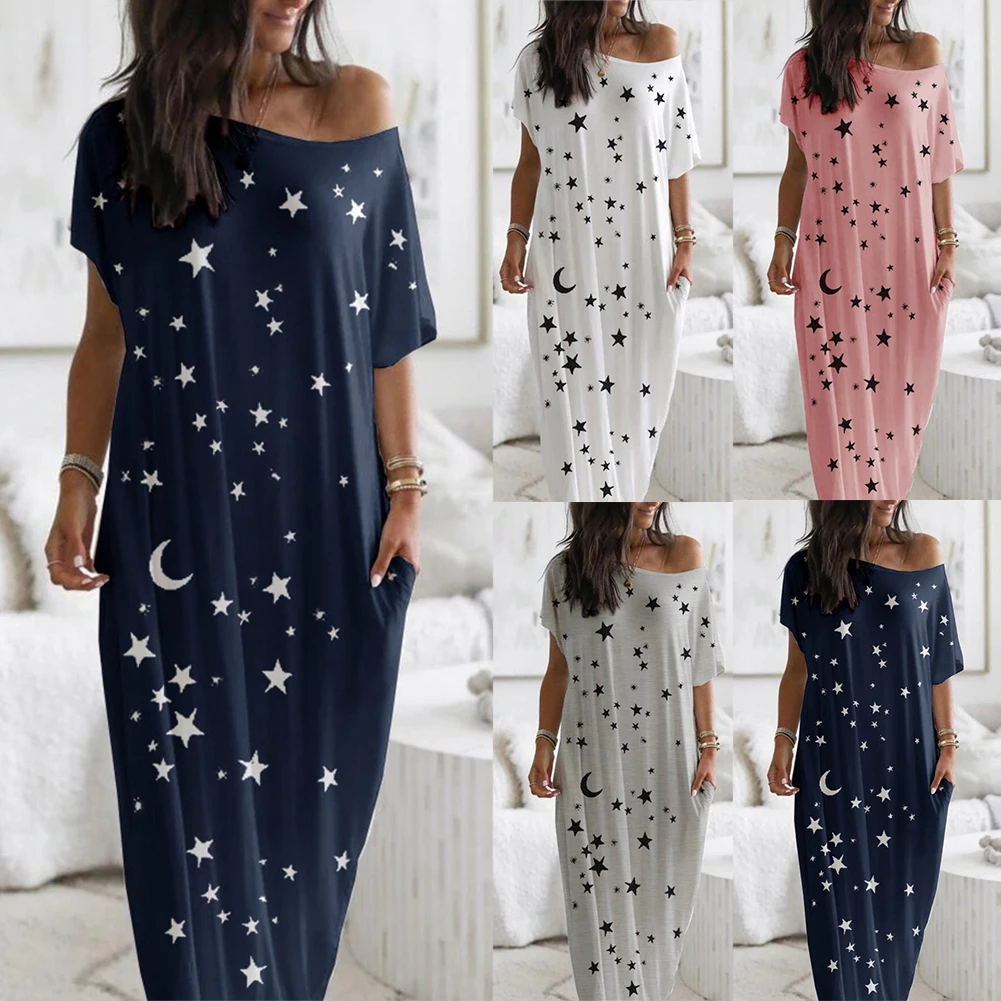 

2021 New Women Dresses Loose Off Shoulder Short Sleeve Long Dress Moon Star Printing Elegant Female Spring Summer Dress