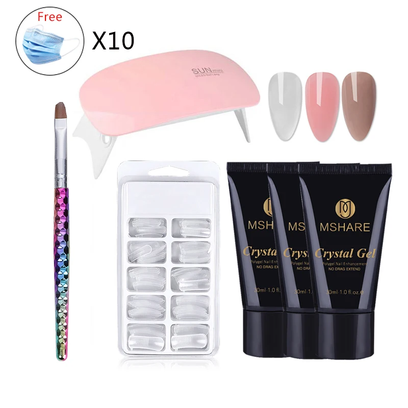 Наборы УФ гелей MSHARE для наращивания ногтей набор кристальных с лампой кисточкой
