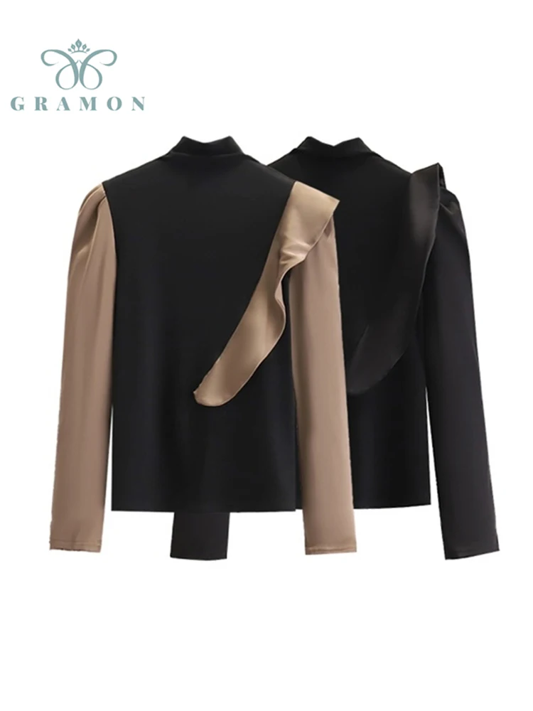 

2022 Bottomed Tops Woman Spring Fall Korean Fashion Loose Ruffle Edge Long Sleeve Patchwork Solid Color Plus Size Ladies Clothes