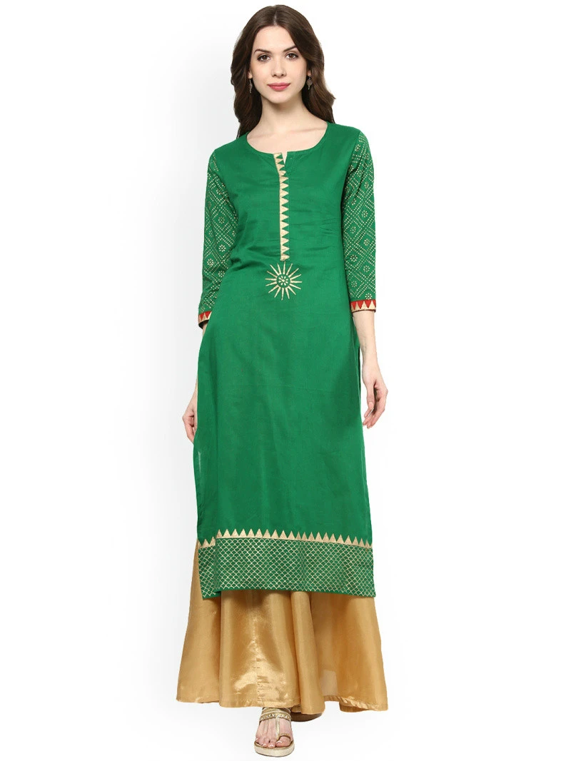 Сари Курта для женщин в нефти Индии Mujer золочение платье зеленый хлопок Kurti