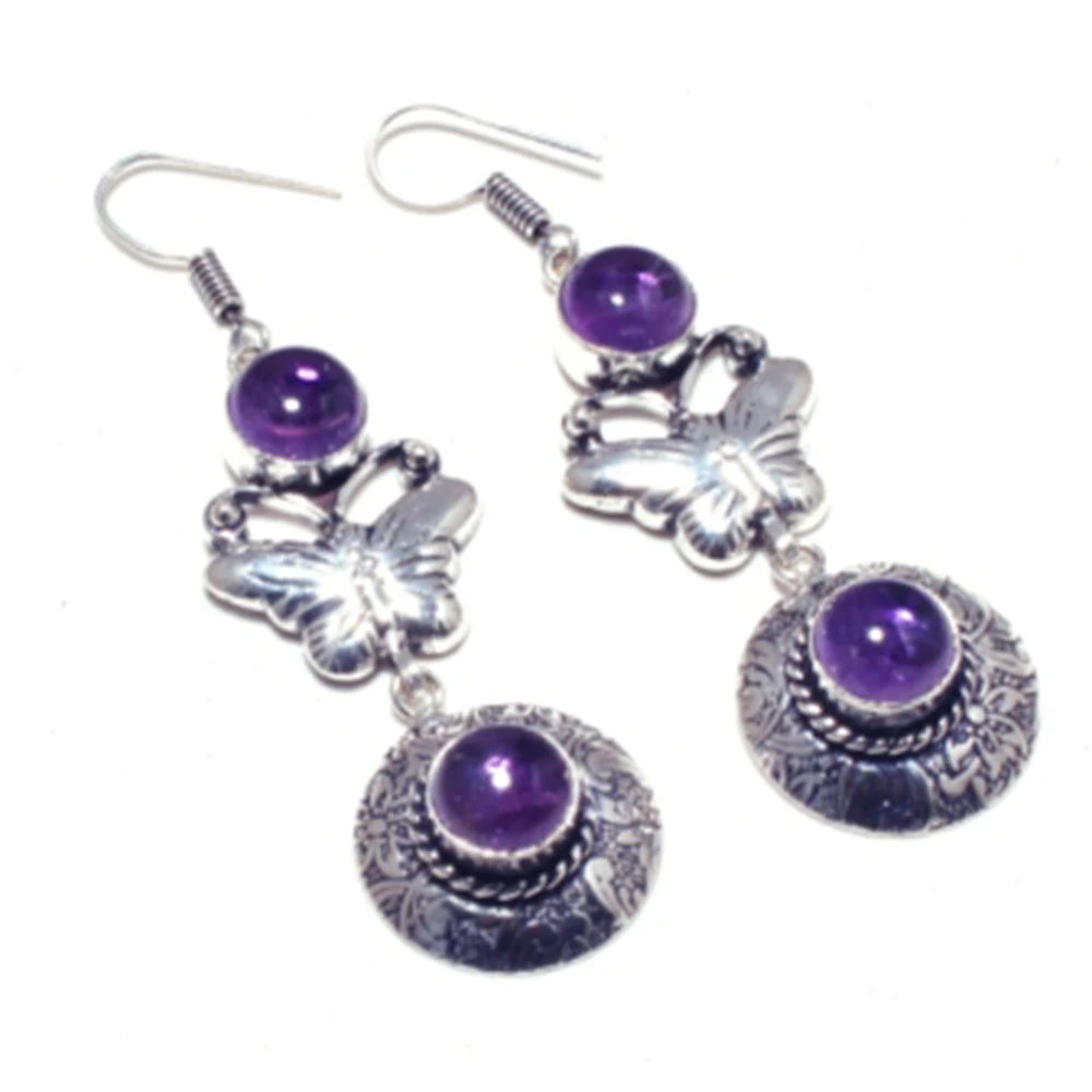 

Genuine Amethyst Silver Overlay on Copper Earrings , Hand made Jewelry Gift