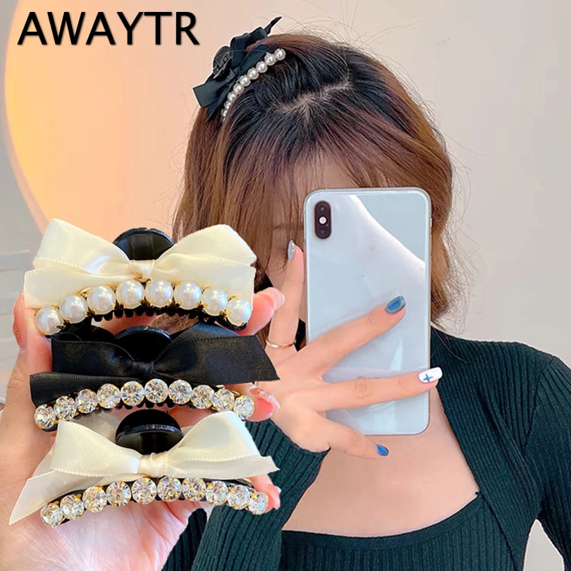 

AWAYTR женские элегантные жемчужные стразы с бантом, заколки для волос, милые заколки для волос, заколки для волос головная повязка, модные акс...