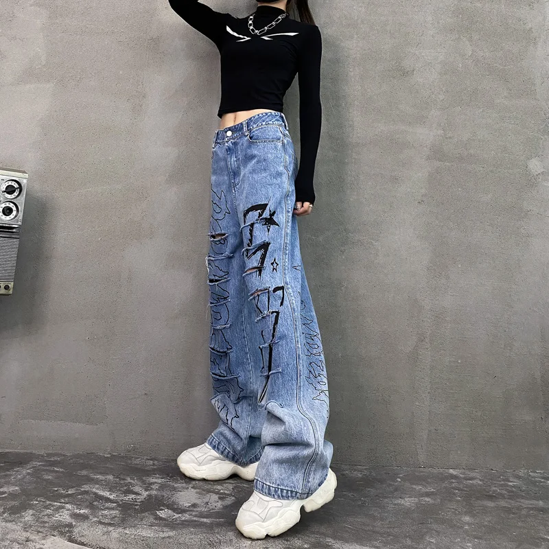 

2021 INS Holes Denim Trousers Trendy Girls Street Bottom High Waist Letters Print Pantalones Vaqueros Mujer Wide Leg Jeans Women
