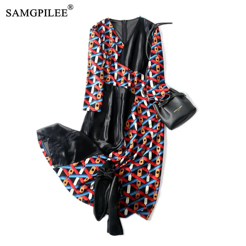 

Женское платье с длинным рукавом, зимнее повседневное ТРАПЕЦИЕВИДНОЕ ПЛАТЬЕ с геометрическим рисунком, осеннее платье с V-образным вырезом,...