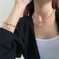 retro thick hollow chain portrait pendant necklace for women gold color cool chain hip hop short necklace set jewelry