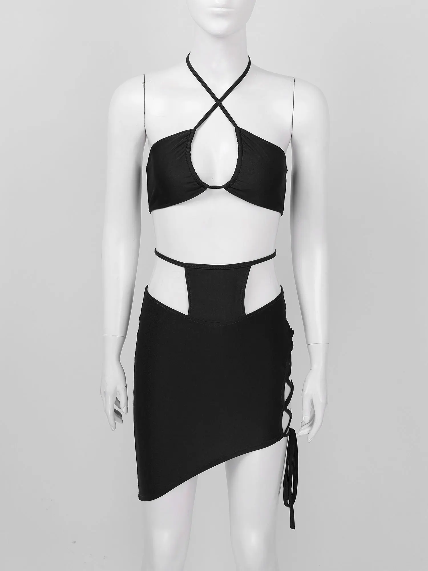 

Женский костюм-двойка, с вырезом на шее, без рукавов, с асимметричным подолом