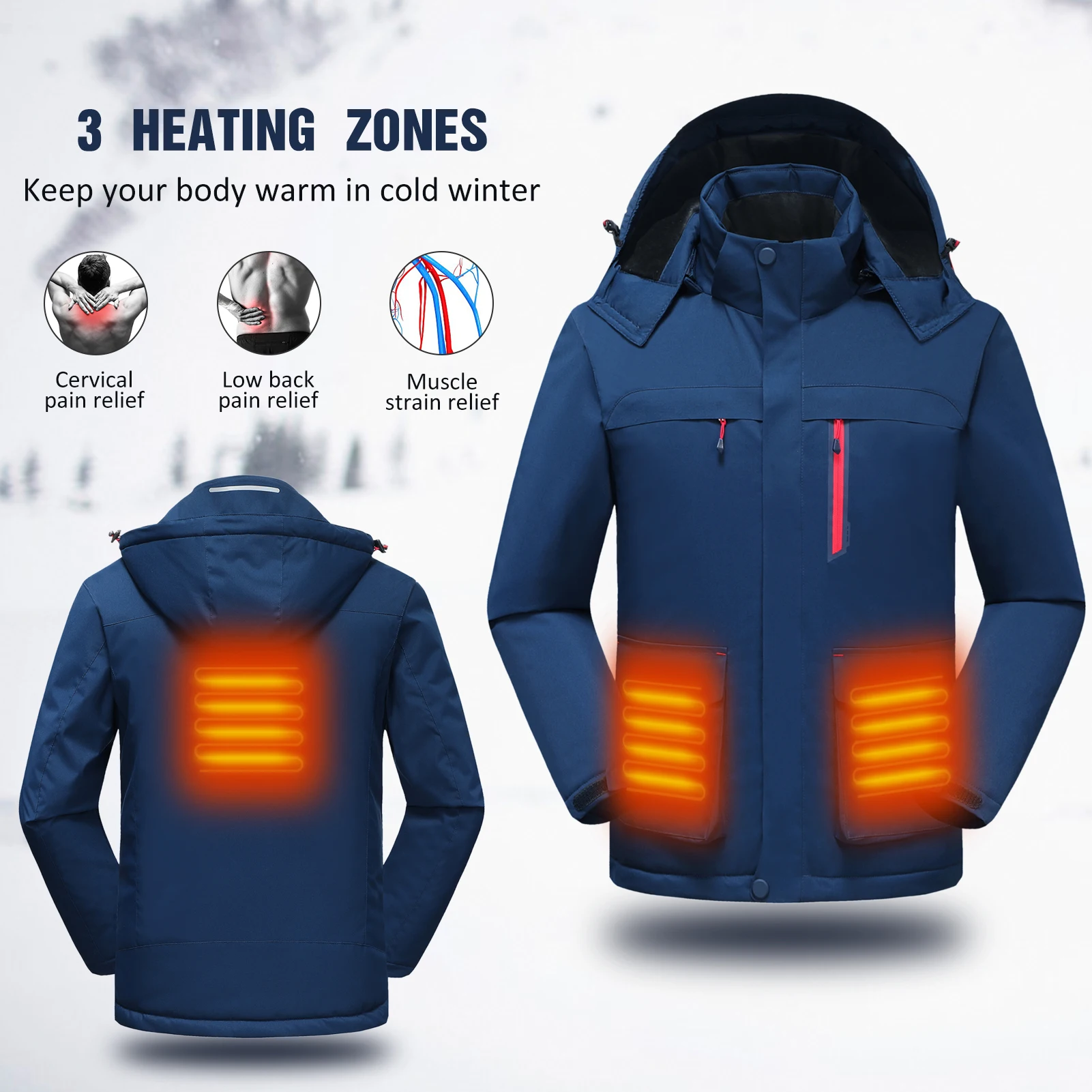 

4 Zones Men Heated Jacket with Detachable Hood Winter Warm Heating Jacket Coat Clothing