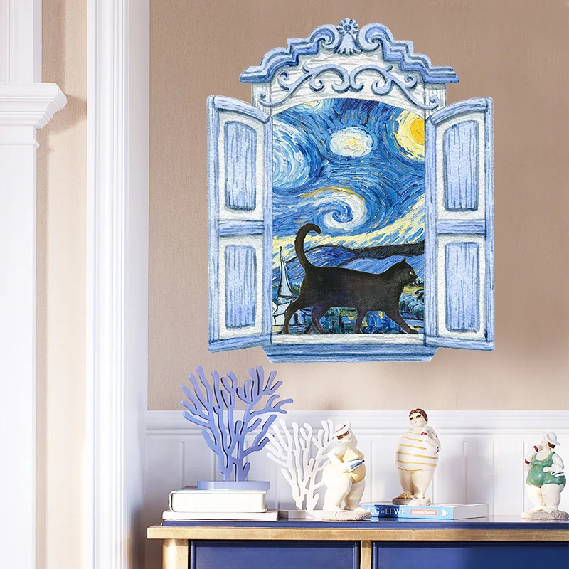 

Painted Black Cat False Window Van Gogh Starry Sky Wallpaper Living Room Porch Home Wall Decoration Wall Stickers Self-Adhesive