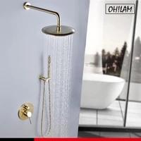 brushed gold solid brass bathroom shower set rainfall shower head shower faucet wall mounted shower arm mixer water set
