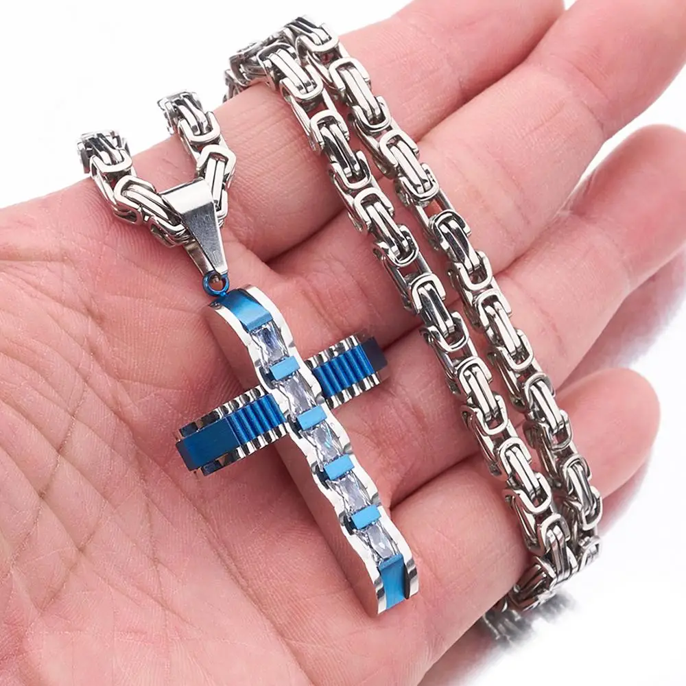 

Fashion Men Women Cool Rock Jesus Cross Pendant Necklace Men's 316L Stainless Steel Byzantine Box Chain Necklace Jewelry