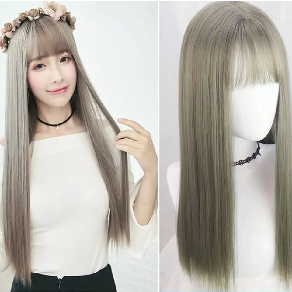 Синтетические волосы черный коричневый фиолетовый длинные парики с челкой для